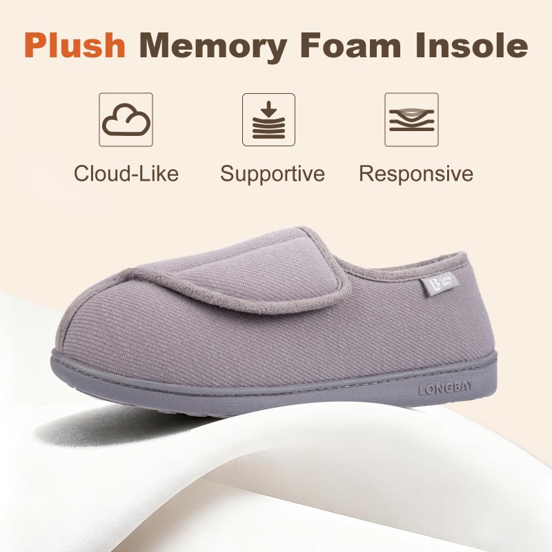 LongBay Womens Adjustable Slippers Memory Foam Cozy Wide Diabetic House Shoes Edema Orthopedic Neuropathy Indoor Outdoor (9 B(M), Gray) - Image 5
